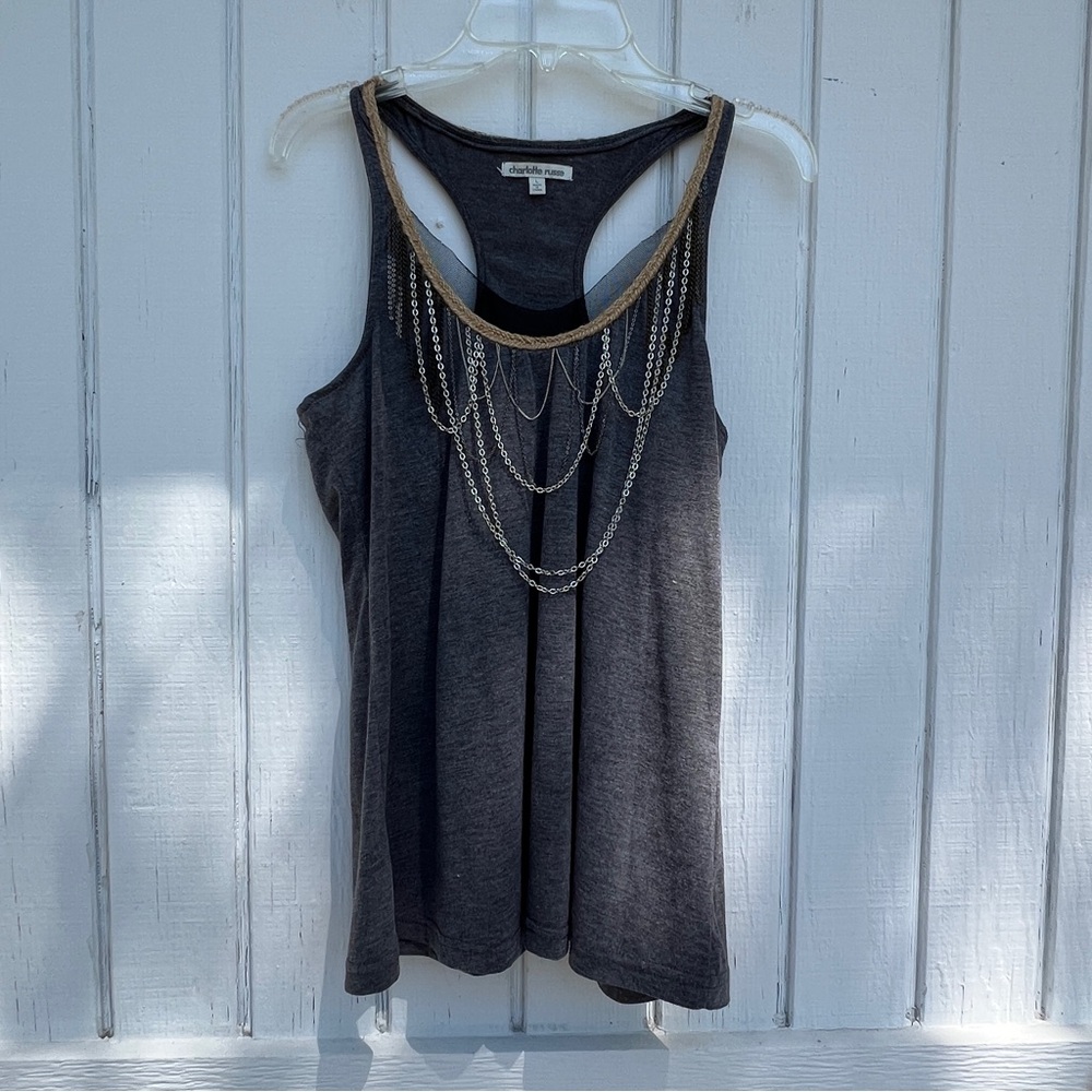 Charlotte Russe: Draped Chain Detail Grey Racerback Tank. Women’s Size Large.